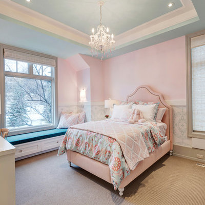 Elegant girl carpeted kids' bedroom photo in Calgary with pink walls
