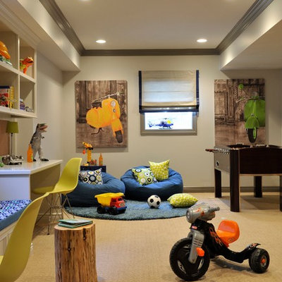 Kids' room - mid-sized transitional boy carpeted kids' room idea in Miami with beige walls