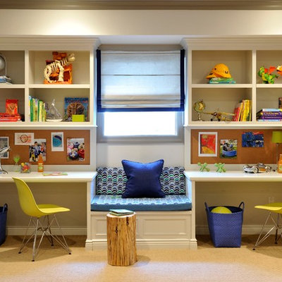 Kids' room - mid-sized transitional boy carpeted kids' room idea in Miami with beige walls
