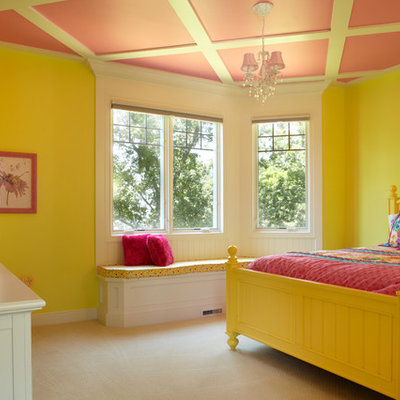 Inspiration for a timeless girl carpeted kids' room remodel in Grand Rapids with yellow walls