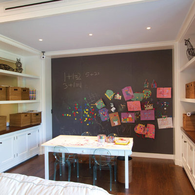 Inspiration for a contemporary medium tone wood floor and brown floor playroom remodel in New York