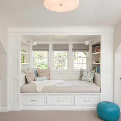 Example of a transitional carpeted kids' room design in Minneapolis with gray walls