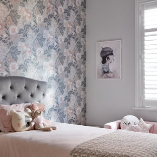 Transitional kids' bedroom in Sydney with white walls, carpet, grey floor and wallpaper for kids 4-10 years old and girls.