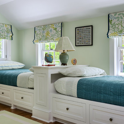 Example of a mid-sized classic gender-neutral medium tone wood floor kids' room design in New York with green walls
