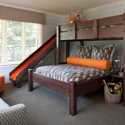 Kids' bedroom - transitional carpeted and gray floor kids' bedroom idea in Detroit with gray walls