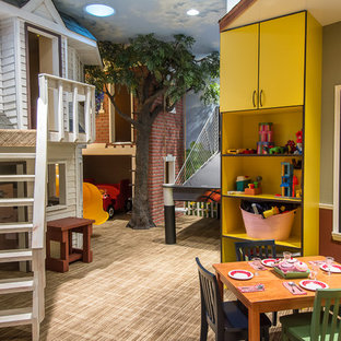 Diseño de dormitorio infantil de 4 a 10 años, de estilo americano, con paredes multicolor y moqueta
