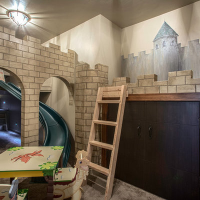 Kids' room - large 1950s gender-neutral carpeted kids' room idea in Salt Lake City with multicolored walls