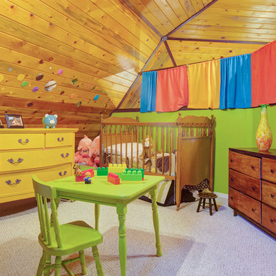 Kids' room - traditional gender-neutral carpeted kids' room idea in Minneapolis with multicolored walls