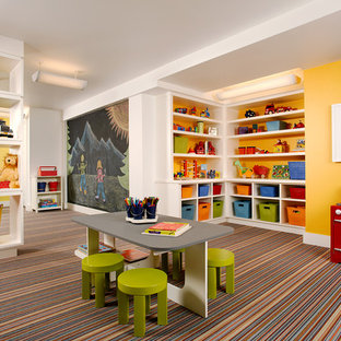 Playroom - large traditional gender-neutral carpeted and multicolored floor playroom idea in Denver with yellow walls