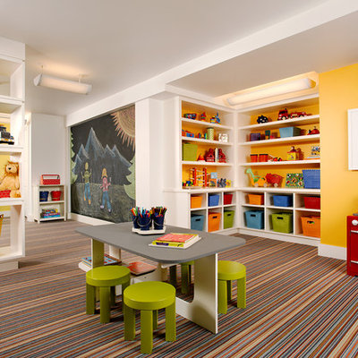 Playroom - large traditional gender-neutral carpeted and multicolored floor playroom idea in Denver with yellow walls
