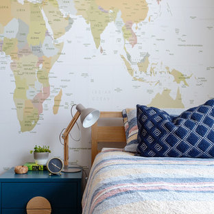 Mid-sized contemporary kids' room in Melbourne with white walls, carpet and beige floor.