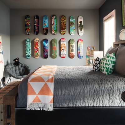 Example of a trendy gender-neutral dark wood floor and brown floor kids' room design in Orlando with gray walls