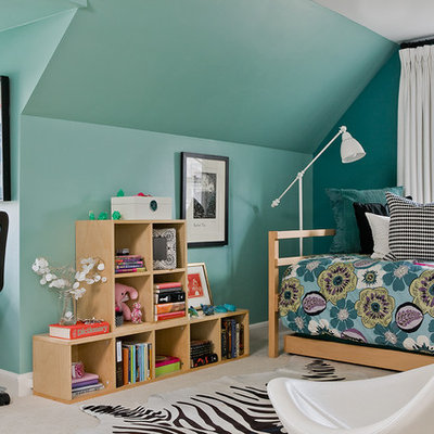 Kids' room - large eclectic girl carpeted kids' room idea in Other with blue walls