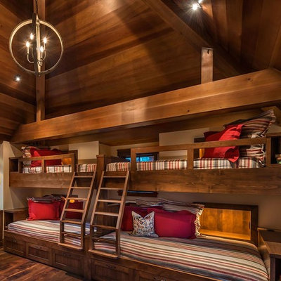 Kids' bedroom - rustic dark wood floor kids' bedroom idea in Sacramento with beige walls