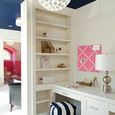 Example of a transitional girl carpeted kids' room design in Minneapolis with white walls