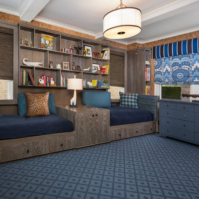 Example of a mid-sized eclectic boy blue floor and carpeted kids' room design in New York with brown walls