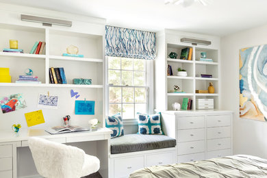 Kids' room - transitional boy carpeted and gray floor kids' room idea in New York with gray walls