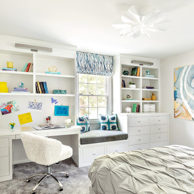 Kids' room - transitional boy carpeted and gray floor kids' room idea in New York with gray walls