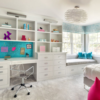 Kids' room - transitional girl carpeted and gray floor kids' room idea in New York with gray walls