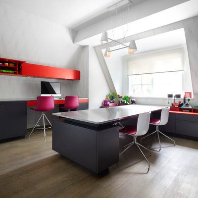 Inspiration for a large contemporary girl dark wood floor kids' room remodel in Toronto with white walls