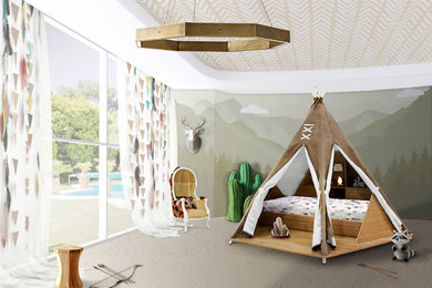 Idéer för ett stort rustikt könsneutralt barnrum kombinerat med sovrum