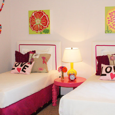 Inspiration for an eclectic girl carpeted kids' room remodel in Houston with white walls