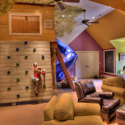Inspiration for a large eclectic gender-neutral carpeted and beige floor kids' room remodel in Other with multicolored walls