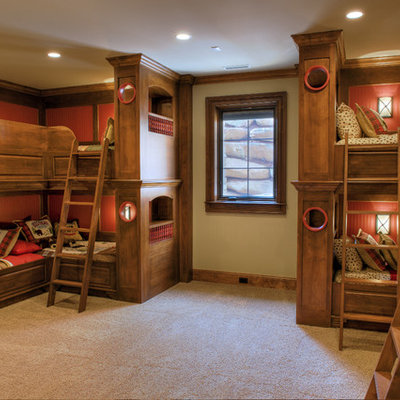 Kids' room - mid-sized rustic gender-neutral carpeted and beige floor kids' room idea in Other with beige walls