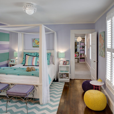 Elegant girl dark wood floor kids' bedroom photo in Other with purple walls