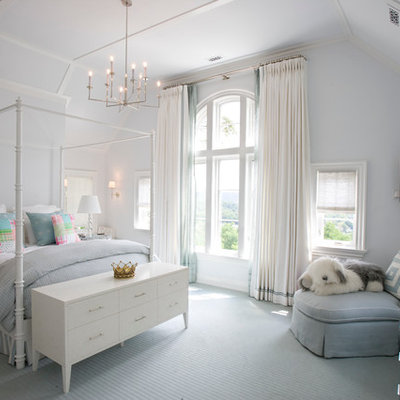 Kids' room - traditional girl carpeted and blue floor kids' room idea in New York with gray walls