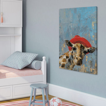 "Giraffe's Red Hat" Painting Print on Wrapped Canvas