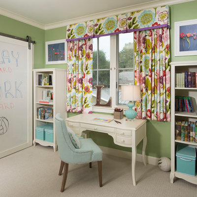 Example of a mid-sized transitional boy carpeted and beige floor kids' room design in San Francisco with green walls