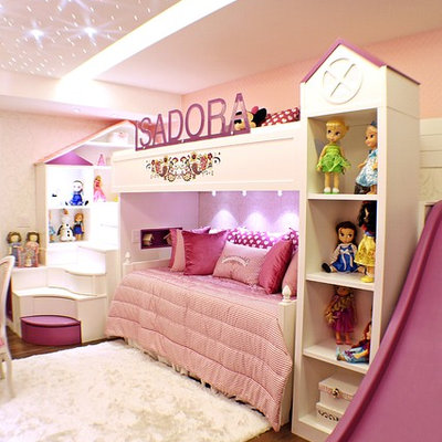 Mid-sized eclectic girl vinyl floor kids' room photo in Other with pink walls