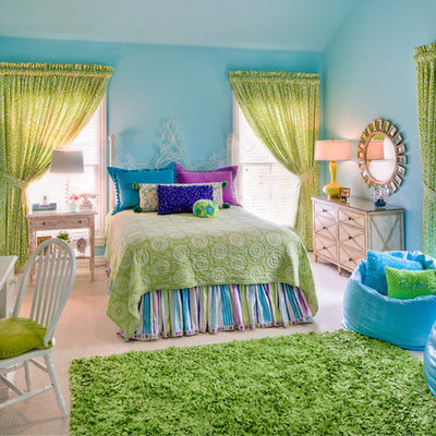 Example of a mid-sized classic girl carpeted kids' room design in New York with blue walls