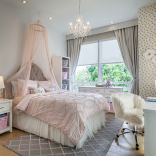 Cette image montre une chambre d'enfant design de taille moyenne avec un sol en contreplaqué et un mur multicolore.