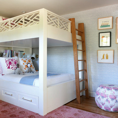 Kids' room - mid-sized transitional girl medium tone wood floor kids' room idea in San Francisco with gray walls