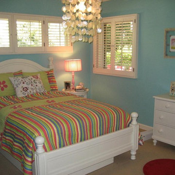 Girls bedroom in La Canada, CA, blue and white girls bedroom, colorful girls bed