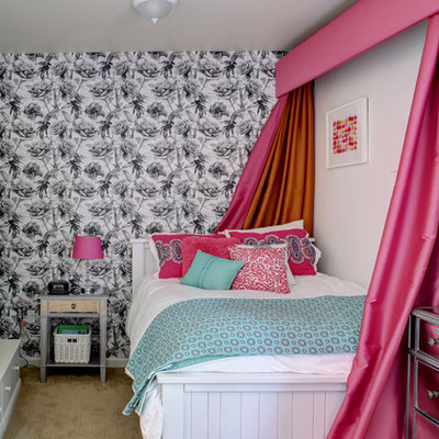 Kids' room - small contemporary girl carpeted and beige floor kids' room idea in Boise with white walls