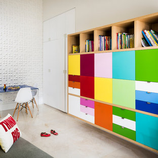 Playroom - large contemporary gender-neutral playroom idea in Miami with white walls
