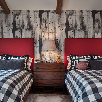Grandchildren's Guest Room with Rustic, Black and White Theme and Red Headboards