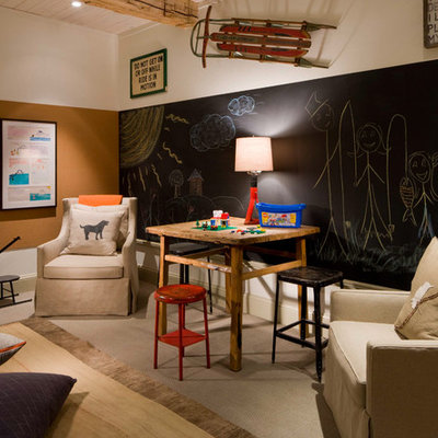 Childrens' room - rustic gender-neutral carpeted childrens' room idea in Denver with multicolored walls