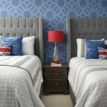 Grey and White Boy's Bedroom with Modern Upholstered Headboards & Punches of Red