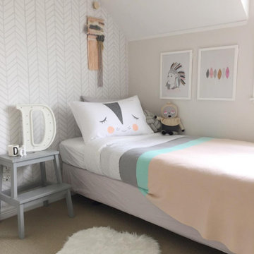 Grey and White Herringbone Wallpaper Girls Bedroom