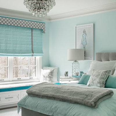 Kids' room - mid-sized transitional girl carpeted and gray floor kids' room idea in New York with blue walls