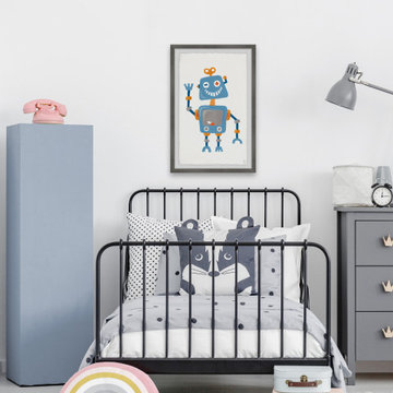 "Happy Blue Robot" Framed Painting Print