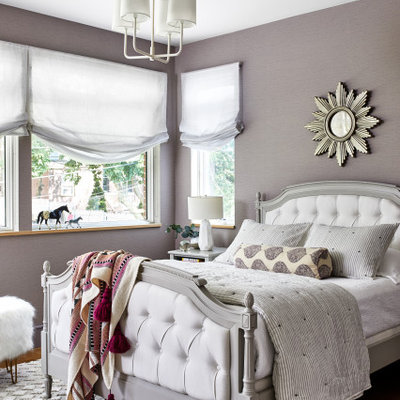 Kids' room - mid-sized transitional girl medium tone wood floor and brown floor kids' room idea in Los Angeles with purple walls