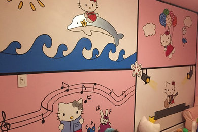 シカゴにあるお手頃価格の広いおしゃれな子供部屋 (マルチカラーの壁、児童向け、カーペット敷き) の写真