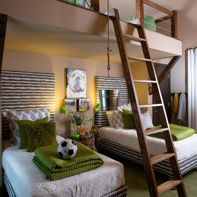 Kids' room - mid-sized contemporary boy carpeted and green floor kids' room idea in Atlanta with multicolored walls