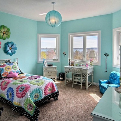 Elegant girl carpeted kids' room photo in Other with blue walls