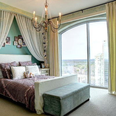 Example of a mid-sized eclectic girl carpeted and gray floor kids' room design in Atlanta with blue walls